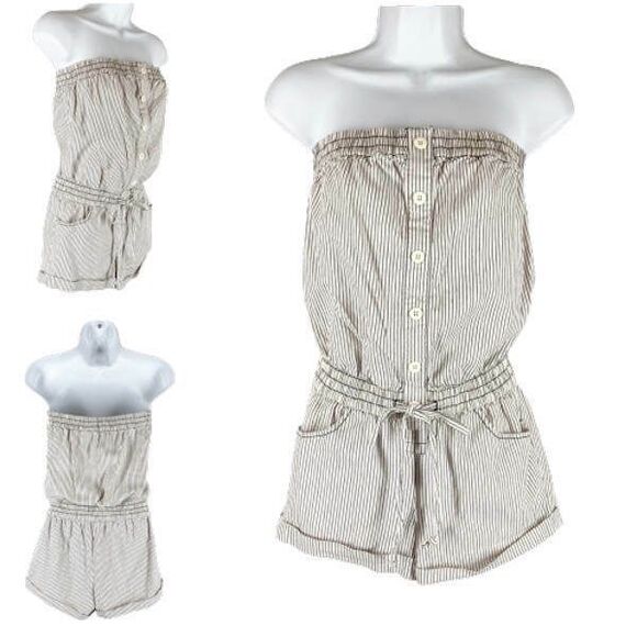 Cute Forever 21 Romper S Denim Blue White Railroad Stripes Cuffed Shorts Summer - Picture 1 of 4